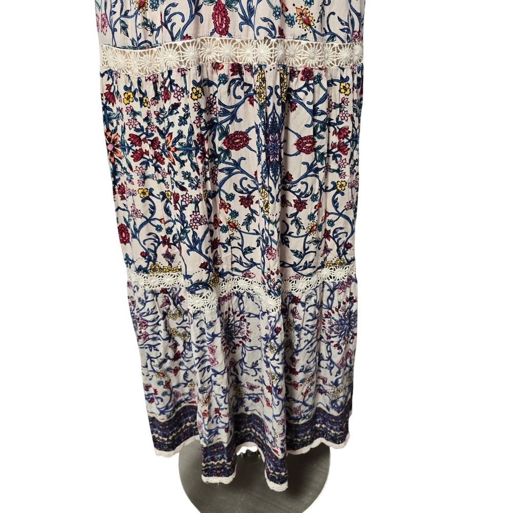 Angie Boho Floral Maxi Dress Medium Smocked Lace Trim Straps Flowy Festival Mix - Picture 9 of 14